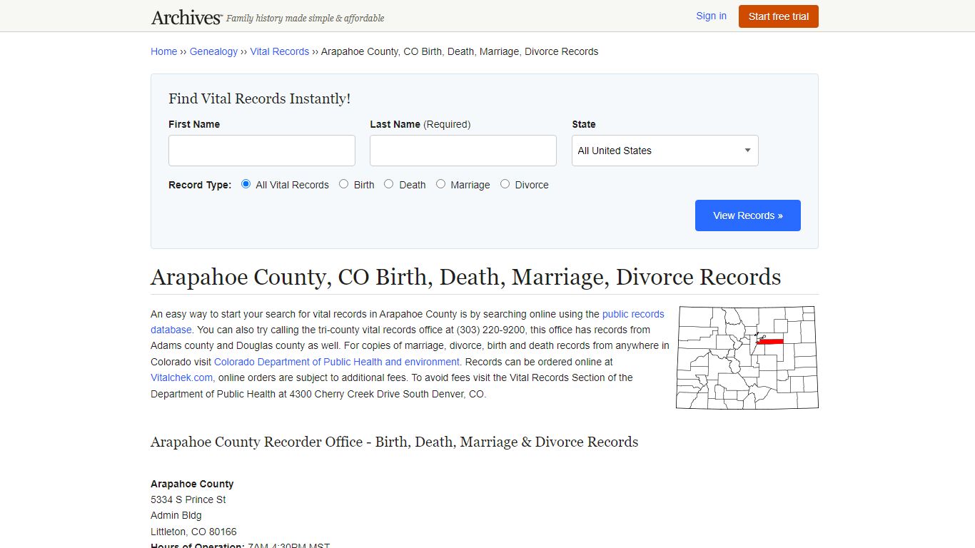 Arapahoe County, CO Birth, Death, Marriage, Divorce Records